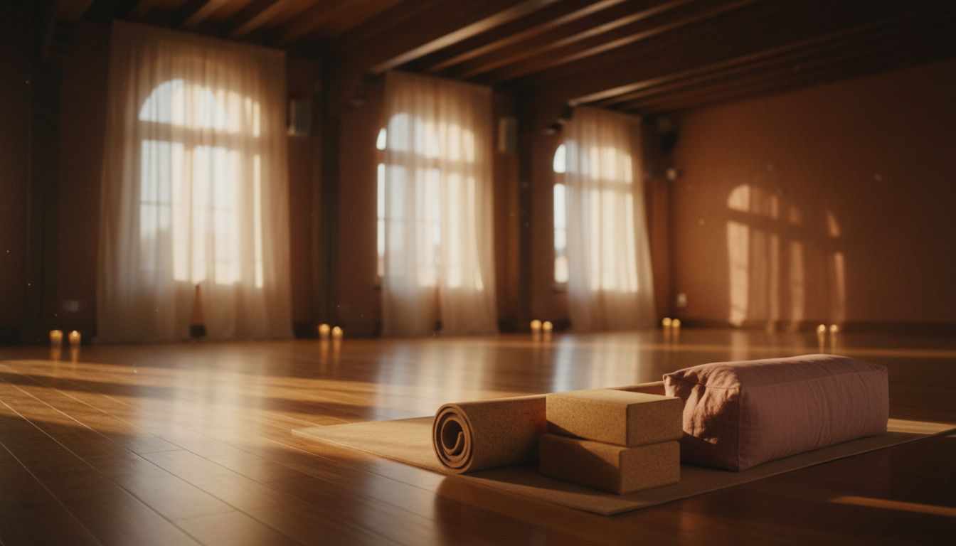 Sunlit yoga studio with mats laid out before class